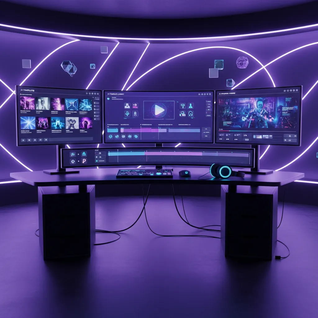 Professional-video-editing-workspace-with-AI-templates-displayed-on-multiple-screen