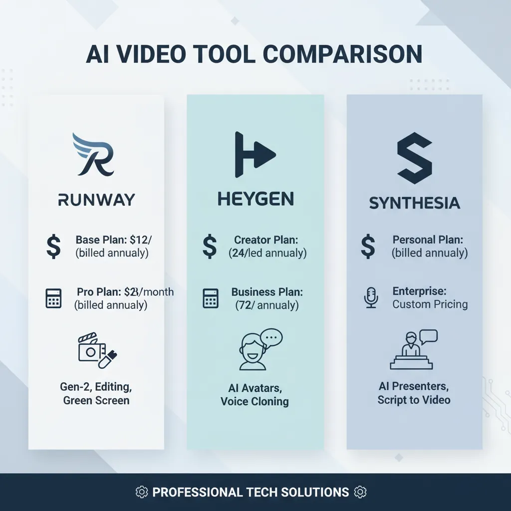 Comparacao de ferramentas Runway, Hygen e Synthesia